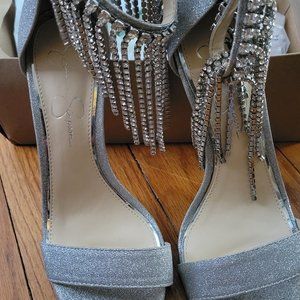 JESSICA SIMPSON SILVER -RHINESTONE AT ANKLE HIGH HEEL SHOES